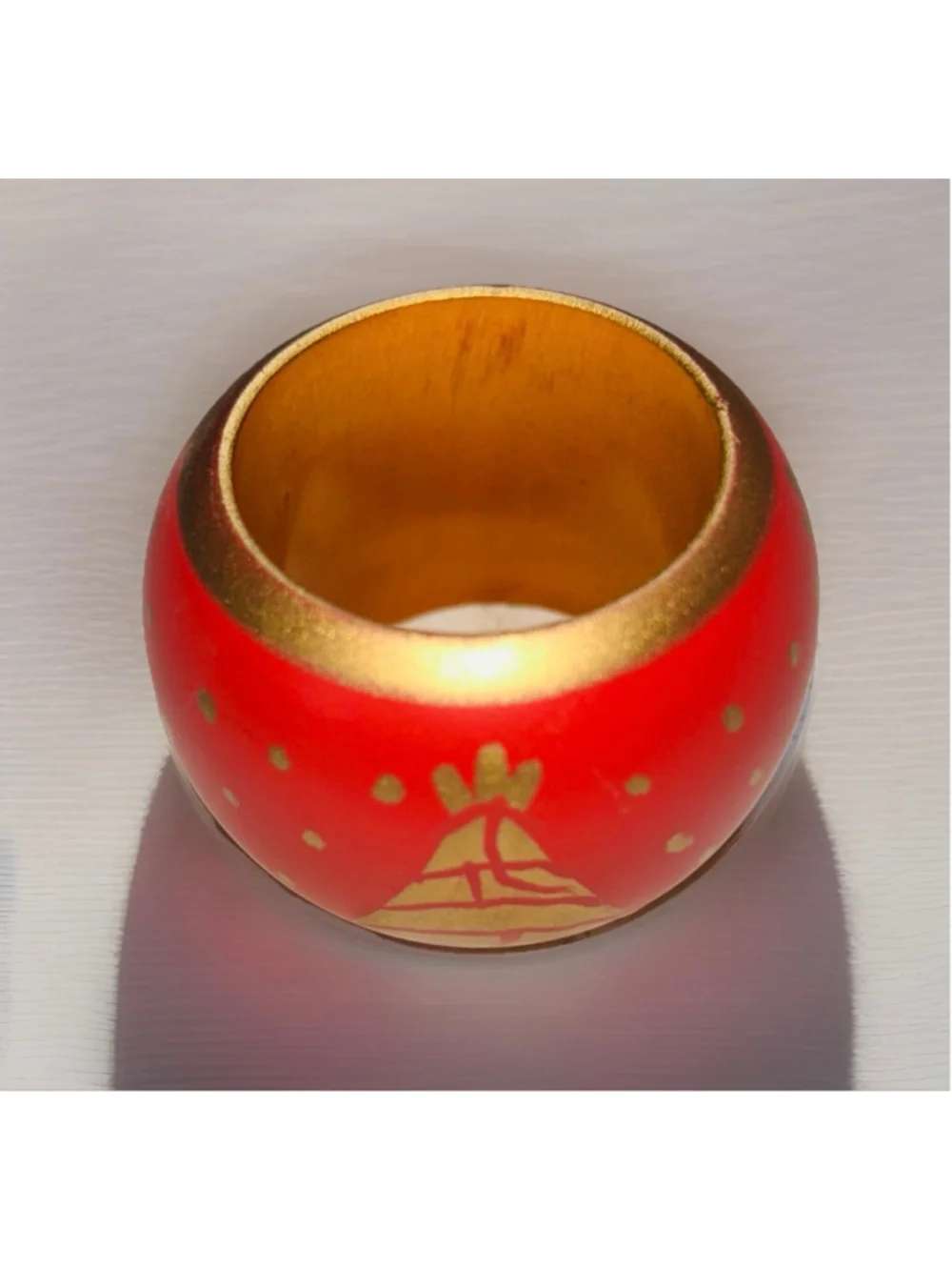 Vintage Wood Christmas Napkin Rings Red & Gold Holiday Trees Hand Painted